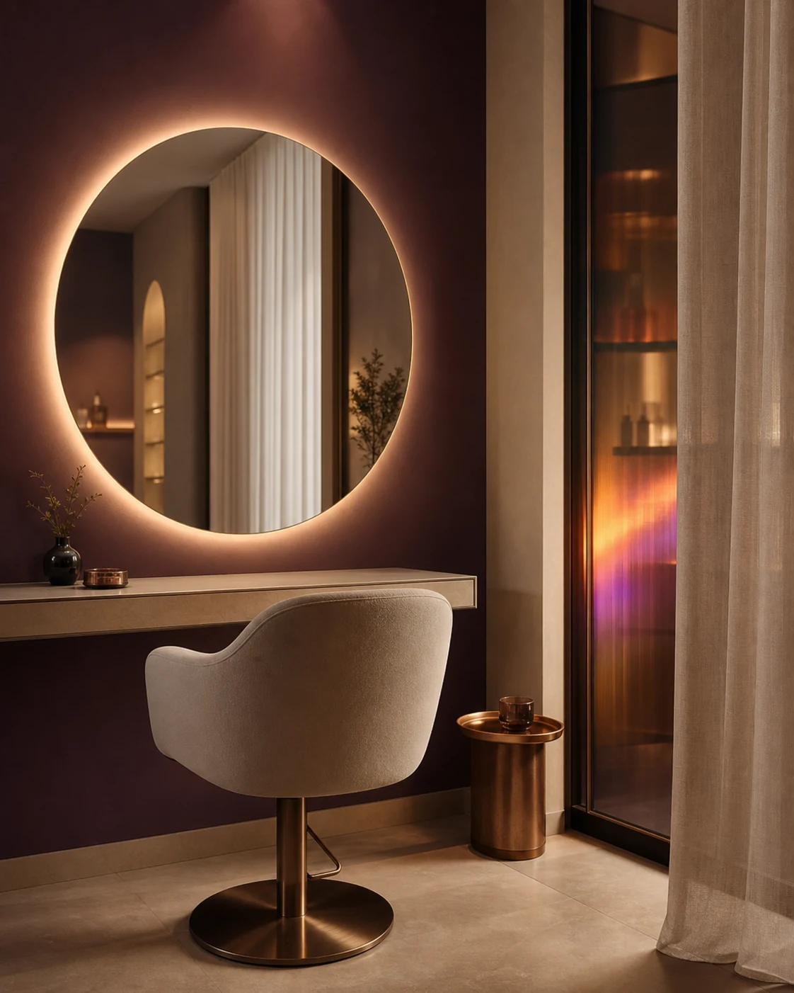 Işıklı yuvarlak aynaya sahip modern Aura Beauty salonu